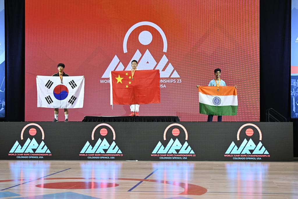 Indian jump rope team holding medals at Colorado Springs World Championships 2023