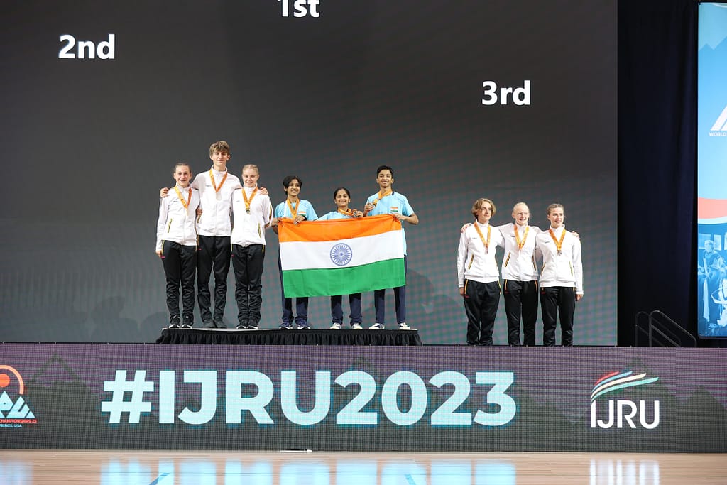 Indian jump rope team holding medals at Colorado Springs World Championships 2023