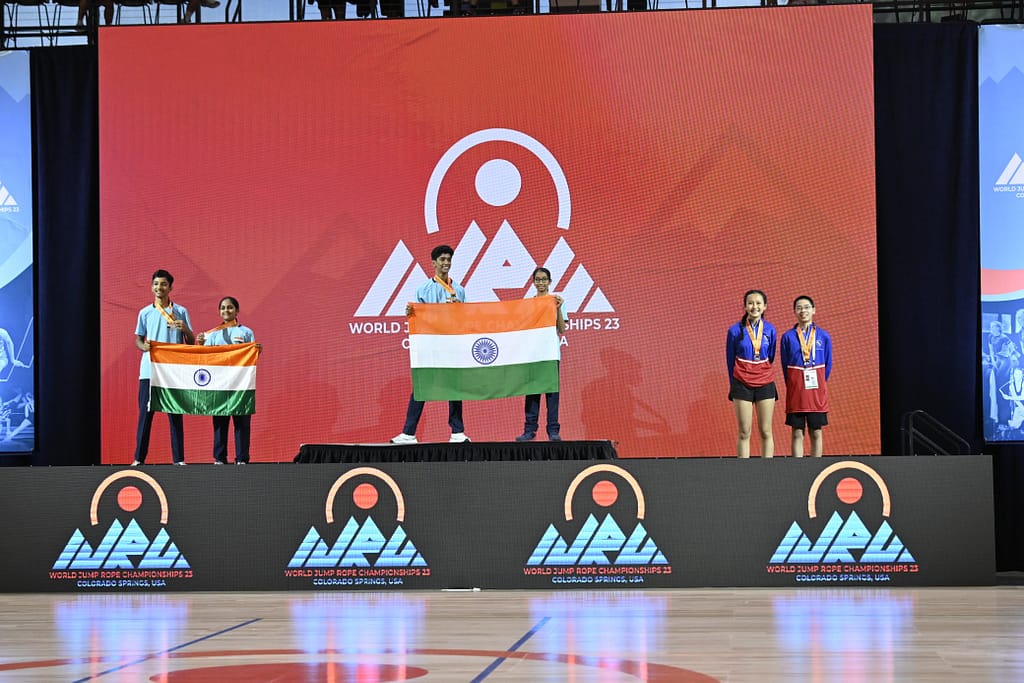 Indian jump rope team holding medals at Colorado Springs World Championships 2023