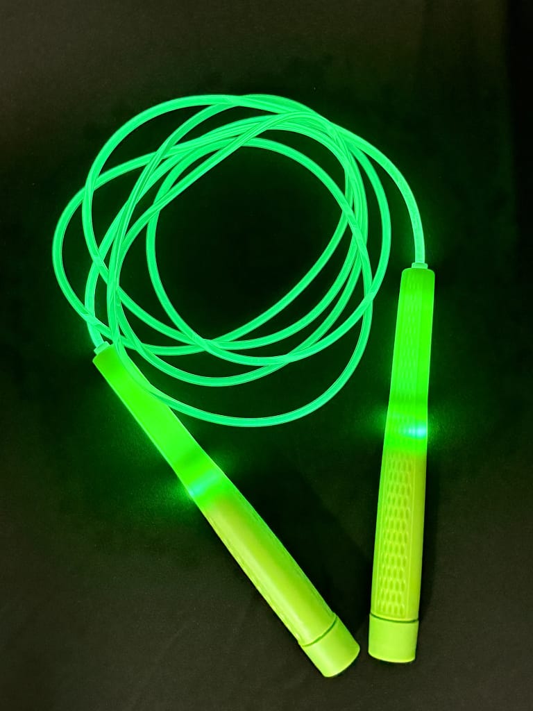 LED jump rope with glowing translucent cord and smooth control handles, designed for freestyle, content creation, and night-time rope training
